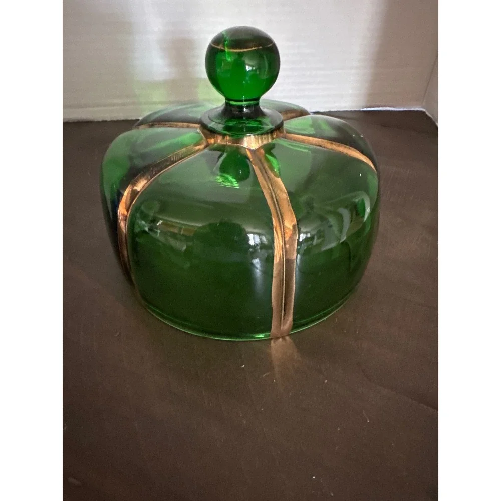 VTG Riverside Glass Works Emerald Green Gold Gilt Scalloped Domed Butter Dish